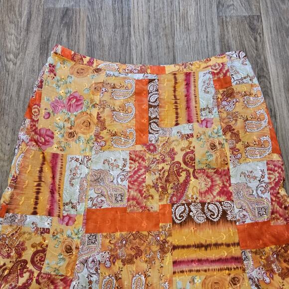 Vtg Patchwork Midi Skirt Women 14 Orange Floral Paisley Embroidered Hippie Retro - Picture 2 of 10